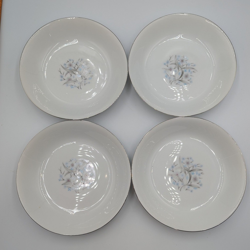 Carlton Fruit Bowls White Fine China Blue Floral Silver Rim Set of 4